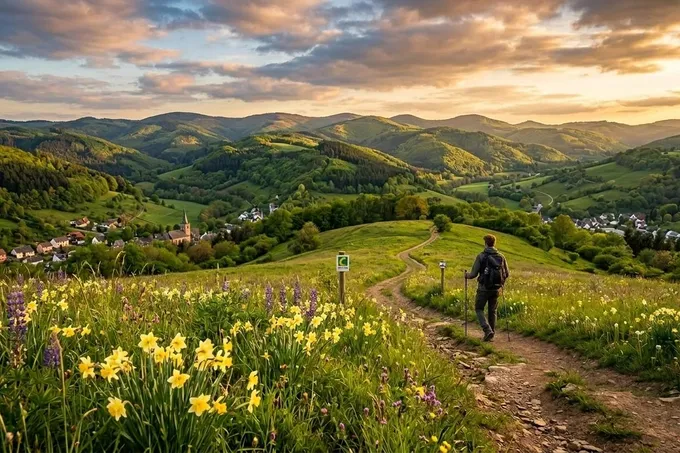 KI-generiertes Symbolbild: Blühende Narzissenwiesen in einer hügeligen Mittelgebirgslandschaft