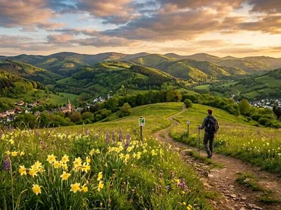 KI-generiertes Symbolbild: Blühende Narzissenwiesen in einer hügeligen Mittelgebirgslandschaft