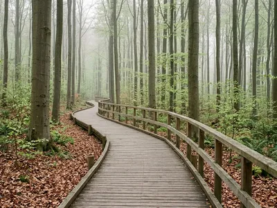KI-generiertes Symbolbild: Geschwungener Holzsteg mit Geländer durch einen nebligen Buchenwald