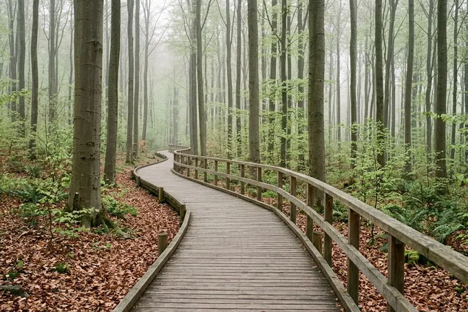 KI-generiertes Symbolbild: Geschwungener Holzsteg mit Geländer durch einen nebligen Buchenwald