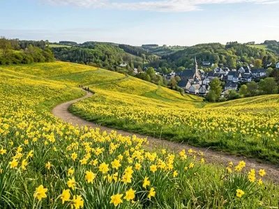 KI-generiertes Symbolbild: Gelbe Narzissenwiesen in einem Bachtal der Eifel