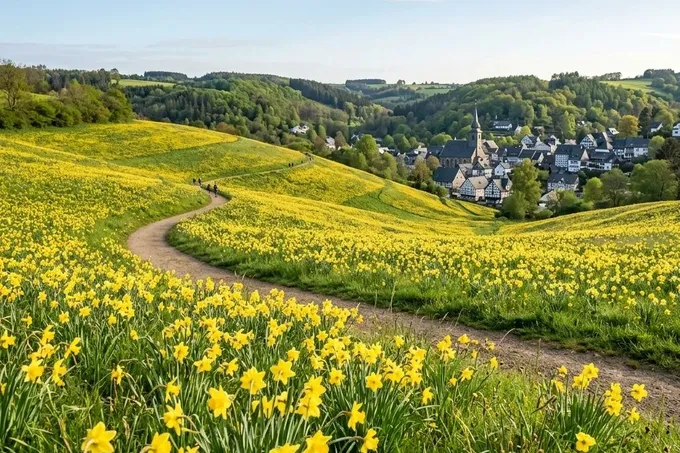 KI-generiertes Symbolbild: Gelbe Narzissenwiesen in einem Bachtal der Eifel