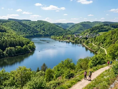 KI-generiertes Symbolbild: Stausee zwischen bewaldeten Hügeln mit Wanderweg am Ufer