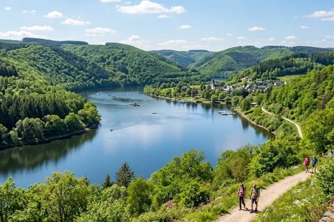 KI-generiertes Symbolbild: Stausee zwischen bewaldeten Hügeln mit Wanderweg am Ufer