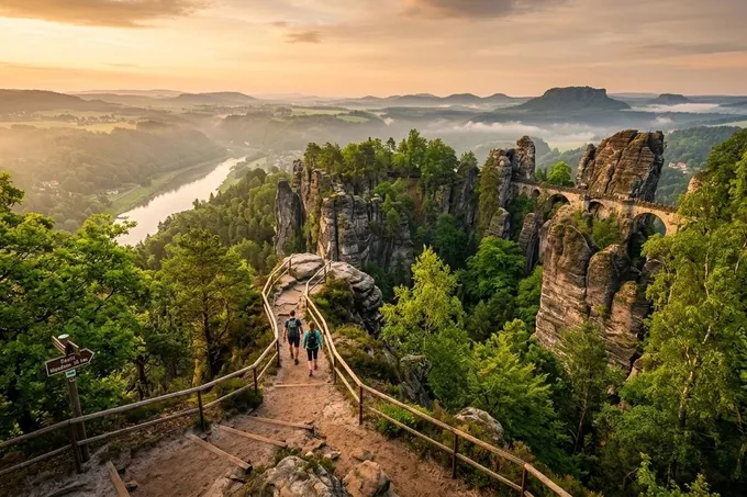 KI-generiertes Symbolbild: Sandsteinfelsen und Wälder mit Wanderweg im Abendlicht