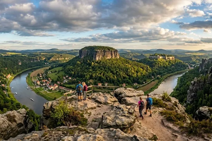 KI-generiertes Symbolbild: Tafelberg mit Blick über ein Flusstal und eine Festung