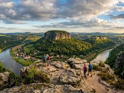 KI-generiertes Symbolbild: Tafelberg mit Blick über ein Flusstal und eine Festung