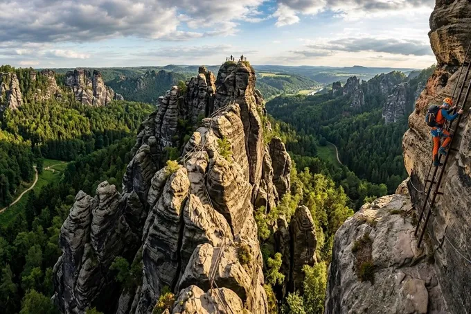 KI-generiertes Symbolbild: Zerklüftete Sandsteintürme mit Eisenleitern über bewaldeten Tälern