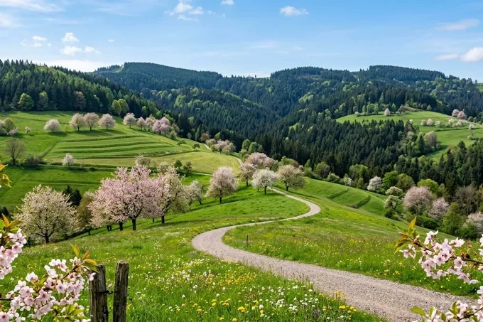 KI-generiertes Symbolbild: Frühlingslandschaft im Schwarzwald mit blühenden Bäumen auf grünen Hügeln