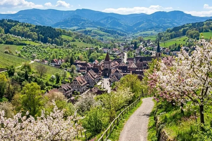 KI-generiertes Symbolbild: Blühende Obstbäume über einer Fachwerk-Altstadt im Schwarzwald