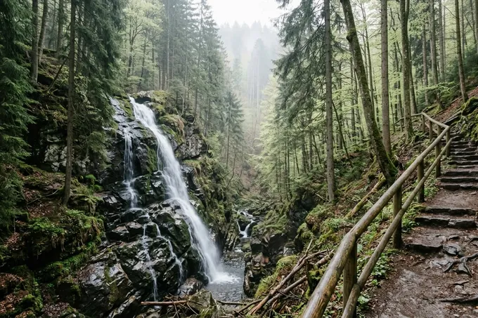 KI-generiertes Symbolbild: Wasserfall über moosige Felsstufen in einer bewaldeten Schlucht, rechts ein Treppenweg mit Holzgeländer