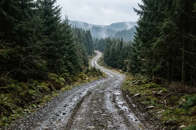 KI-generiertes Symbolbild: Nasser Schotterweg mit tiefen Fahrspuren, der sich durch Nadelwald in nebelverhangene Berge zieht