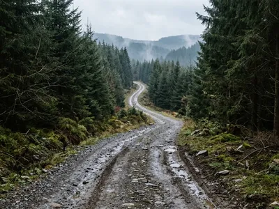 KI-generiertes Symbolbild: Nasser Schotterweg mit tiefen Fahrspuren, der sich durch Nadelwald in nebelverhangene Berge zieht